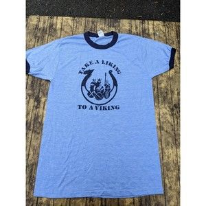 Vintage Take A Liking to a Viking Blue Healthknit Made in USA Single Shirt Large